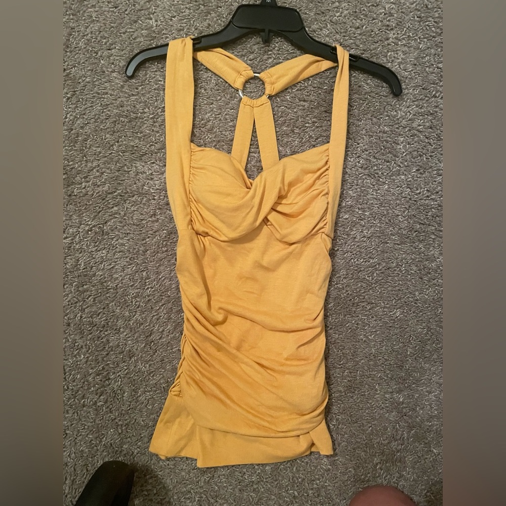 Yellow studio y dressy tank top w metal hardware . Ruched xs cute summer spring